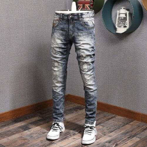 European American Vintage Fashion Men Jeans Retro Wash Slim Ripped Jeans Men Distressed Painted Designer Patchwork Denim Pants