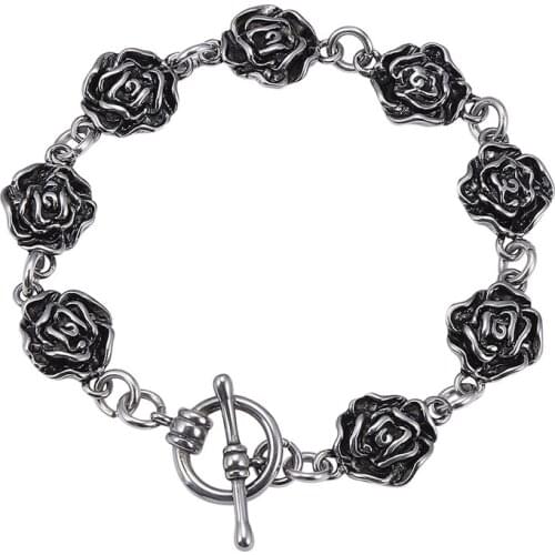 Vintage Unisex Jewelry Stainless Steel Link Chain Bracelet Rose Flower Bracelets Bangles for Men Women Gift GS0030