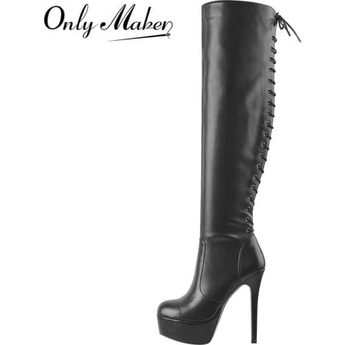 Onlymaker Lace Up Boots Platform Thin High Heel Knee High Shoes Matte Black Side Zipper Long Boots Big Size
