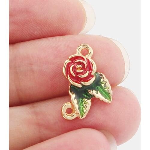 10PCS DIY Jewelry Findings Enamel Rose Flower Charm Pendant Connector for Necklace Making 20x11mm