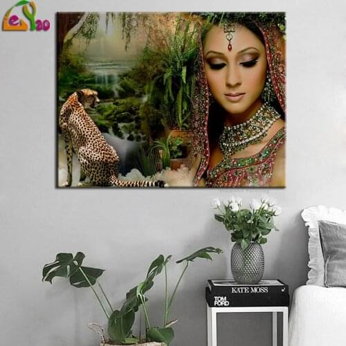 100% Full Diamond Embroidery Indian beauties and leopard Diy Diamond Painting Cross Stitch Kits Home Decor Diamond Pattern
