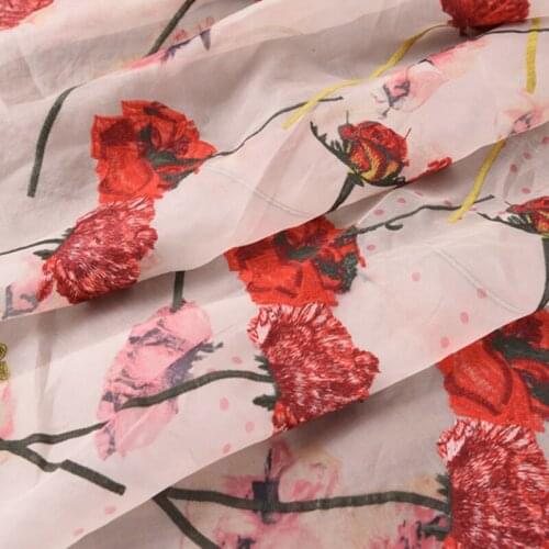 140CM Wide Red Floral Embroidered White Stiff Silk Organza Fabric for Summer Spring Jacket Dress Skirt H687