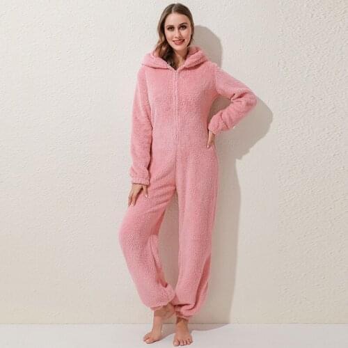 New Winter Ladies One Piece Pajamas Solid Color Fleece Comfortable Hooded Warm Home Fashion Ladies Pajamas