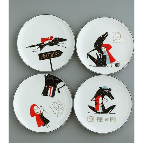 8 Inch Black Edge of Bone China Plate Ceramic Little Red Hat Plate Tableware Dinner Set Steak Plate Dim Sum Dinner Plates