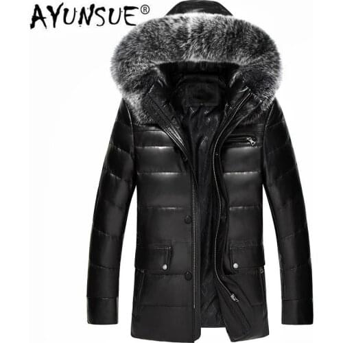 AYUNSUE Winter Genuine Leather Coat Men Leather Down Coat Fox Fur Hooded Thick Real Leather Sheepskin Coat MC16C601 LWL1074