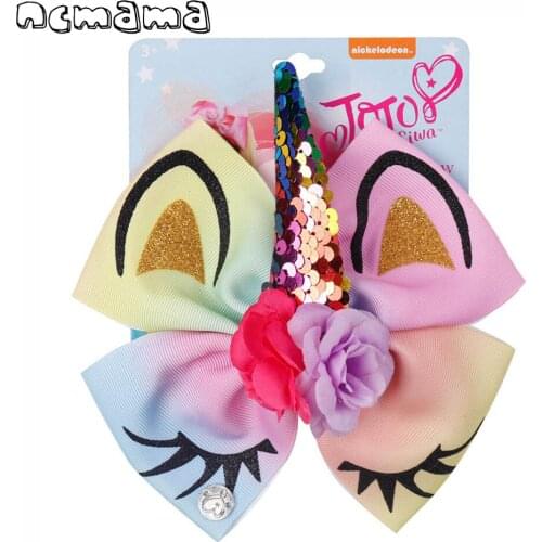 6'' Large Rainbow Cartoon Horn Hair Bow Grosgrain Ribbon Hairbows Eyebrow Printed Hairclips For Kids Girls Hair Accessories