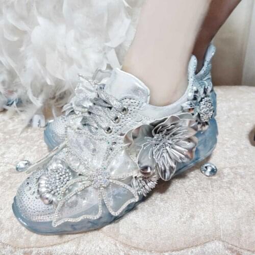 Ins Hot Fairy Flower Lace up Casual Shoes Bling Rhinestone Mesh Butterfly Transparent Sole Sneaker Leisure Beautiful Shoes