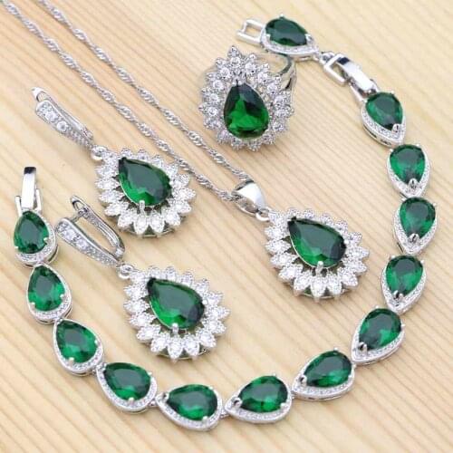 925 Sterling Silver Jewelry Sets For Women Natural Green CZ White Crystal Wedding Drop Earrings/Necklace/Bracelet/Pendant/Ring