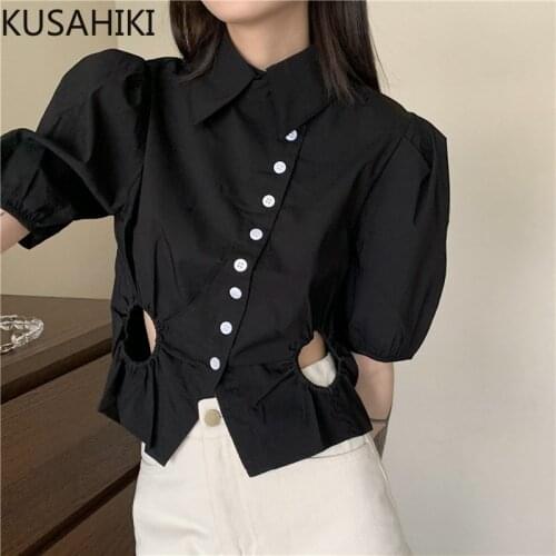 KUSAHIKI Puff Sleeve Woman Shirts Korean Hollow-out Short Slim Waist Blouse 2021 New Turn-down Collar Buttons Blusas Top 6K233