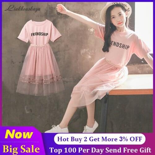 Summer Clothes ChildrenS Clothing Sets For Girls Cotton Pink Letter Shirts + Skirts 2pcs Sets Teen Clothes Sets For Girls