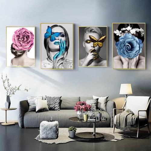 Morden Pink Blue Flowers Beauty Poster And Print Canvas Painting Wall Art Picture For Girls Room Living Room Home Decor Fashion