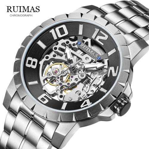 RUIMAS Military Watch Men Skeleton Automatic Mechanical Watch Fashion top brand luxury waterproof Stainless Relogio Masculino