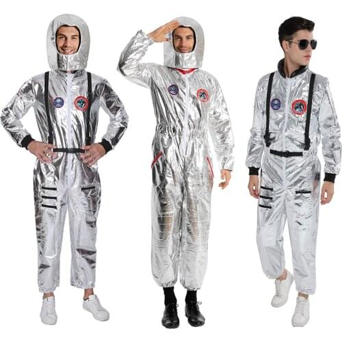 Reneecho Men Astronaut Costume Halloween Costume For Adult Sliver Jumpsuit Hat Set