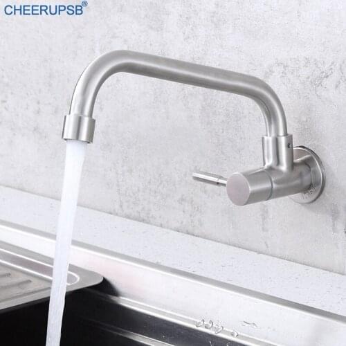 Wall Mount Kitchen Sink Faucet Stainless Steel Hot Cold Water Mixer Tap Single Hole Handle Crane Kitchen Brushed Nickel Faucets