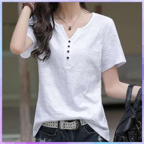 Solid Basic Short Sleeve T-shirts Womens Tee Shirt Casual Solid White Fashion Top Oversized Loose Large Size V-neck Tops Woman