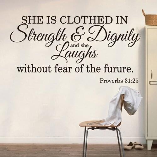 Proverbs 31:25 She Is Clothed in Strength and Dignity Wall Sticker Bedroom Bible Verse Quote Wall Decal Girl Room Vinyl Decor