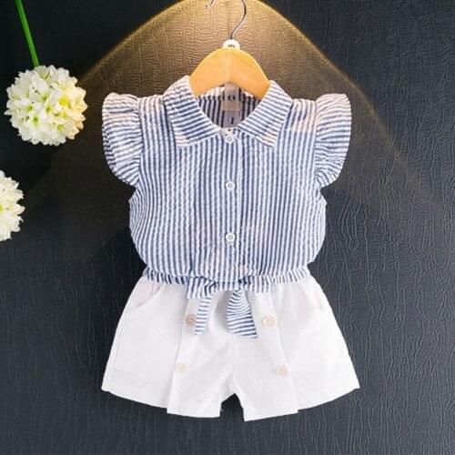 Casual Baby Girls Clothing Set Cute Bow Ruffles Stripe Tops + White Shorts Toddler 2-6Yrs Outfits Summer Children Clothes Set