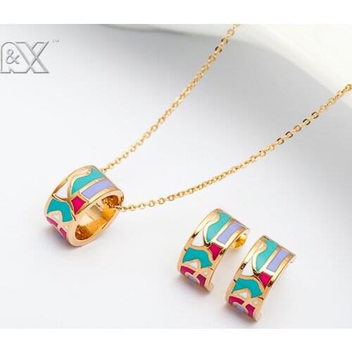 R&X Jewelry Girls sieraden Dubai Fashion Party Romantic Necklace/earrings African Beads Stainless Steel Enamel Bridesmaid Sets