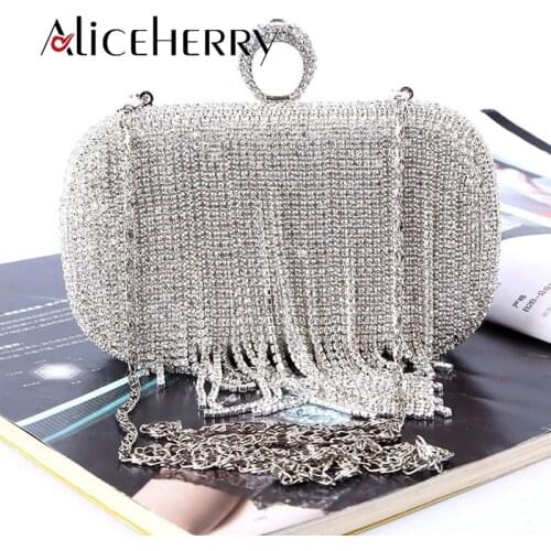 Luxury Brand Women Diamonds Tassels Evening Ring Bags Female Rhinestone Beaded Clutch Chain Bag Box Silver Gold Clutches Purses