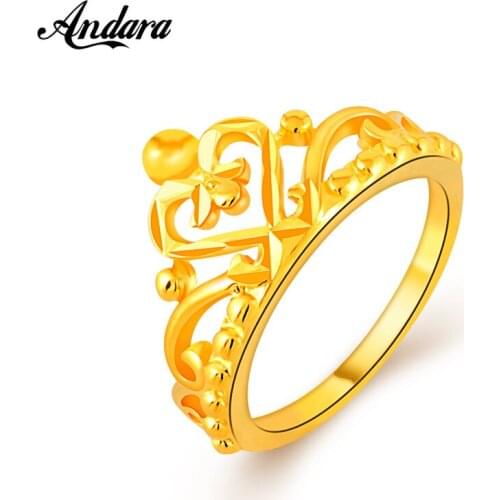 Luxury Elegant Fashion Women Rings Yellow Gold Crown Finger Rings 24K Gold Color Jewelry For Women Wedding Party JR092