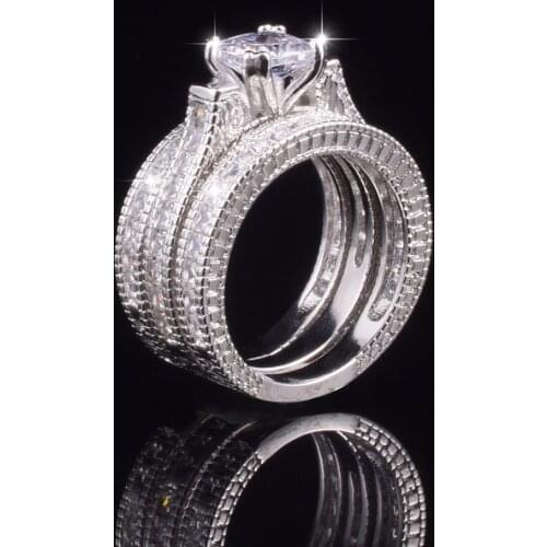 Luxury Princess-cut Simulated Diamond Rings Sets 3-in-1 Engagement Wedding Ring finger For Women 14K White gold Plated Jewelry