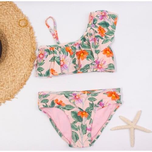 Ruffle Girl Swimsuit Kids Floral Two Piece Childrens Swimwear One Shoulder Girl Bikini Set 7-14 Years Girl Bathing Suit Biquini