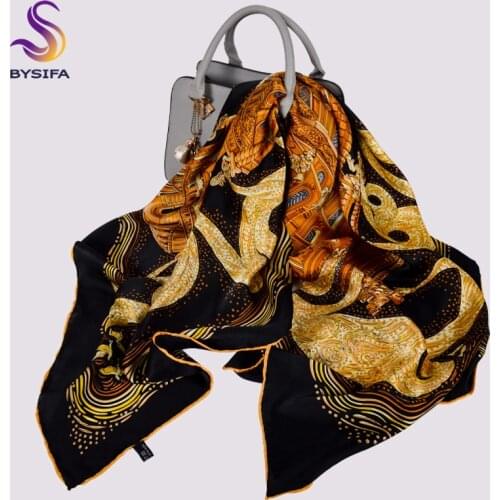 BYSIFA|Black Gold Pure Silk Scarf Shawl Fashion Luxury Square Scarves Printed Winter Spring Women 100% Silk Scarf Shawl105*105cm