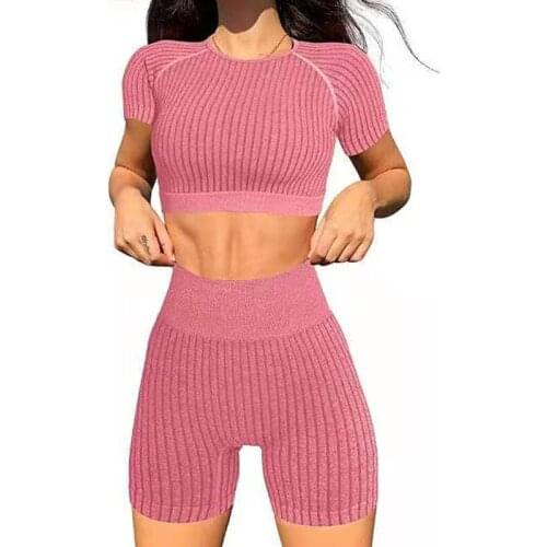 Striped Yoga Sport Shorts Set Women Sportwear Short Sleeve Suit for Fitness Workout Clothes Womens Gym Outfit Active Wear 2021