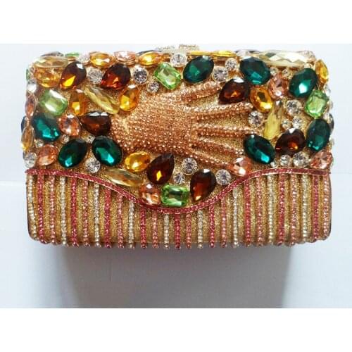 Green/Yellow Big Rhinestone Hand Pattern Clutch Bag Luxury Women’s Dimaond Crystal Evening Party Purse Shoulder Chain Handbag