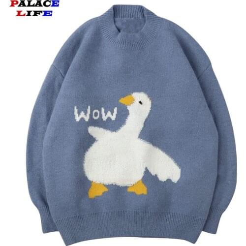 Hip Hop Harajuku Knitted Sweater Men 2021 Autumn Cartoon Duck Wow Print Sweater Oversize Streetwear Loose Pullover Men Clothing