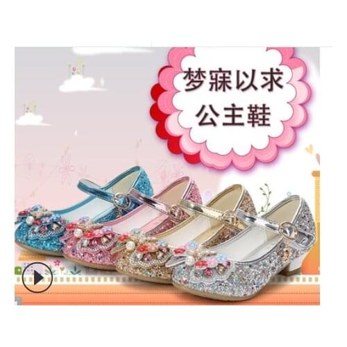 Princess Kids Leather Shoes for Girls Flower Casual Glitter Children High Heel 2021Girls Shoes Butterfly Knot Blue Pink Silver