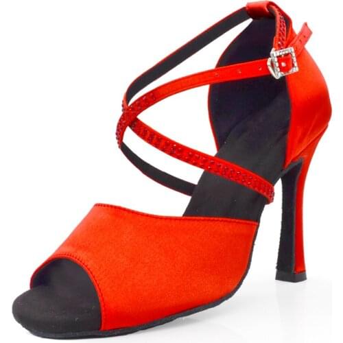 Evkoodance Women Party Dance Shoes Red Rhinestones Satin Soft Bottom Latin Dance Shoes Woman Salsa Dance Shoes heel5CM-10CM