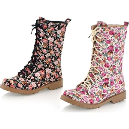 Women Boots Retro Printed Lace Up Genuine Ankle Boots Ladies Shoes Women Botines Mujer 2021