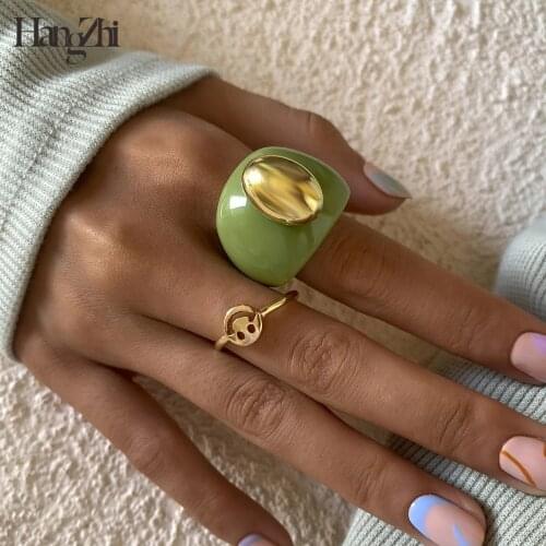 HANGZHI 2021 New Punk Metal Beads Smily Oval Resin Acrylic Geometric Ring Sets for Women Girls Party Jewelry Gifts
