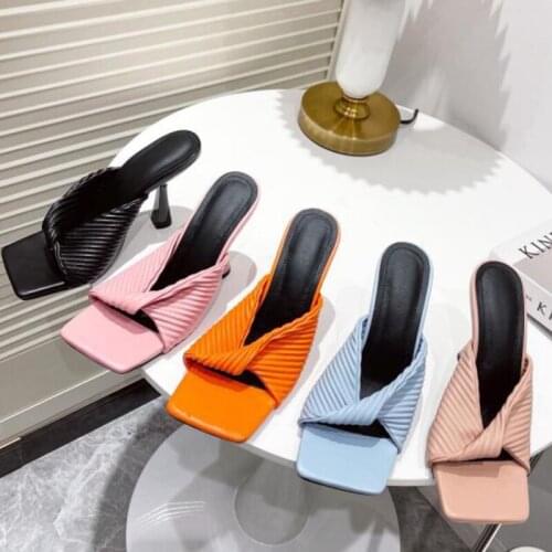 Plus Size 42 european pleated pumps woman slippers candy color talons sandalias square toe stiletto high heels shoes women 2021