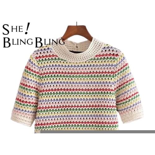 SheBlingBling Za Woman 2021 Casual Traf Crop Tops Autumn Rainbow Striped Open Knit Jumpers Half High Collar Short Sleeve Sweater