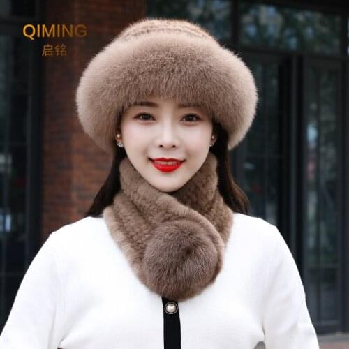 Winter Beanie Real Fur Hat Fur Scarf Suit Fashion Beanies Warm Women Knit Caps Mink Hats With FOX Fur Ladies Cap Hat For Woman