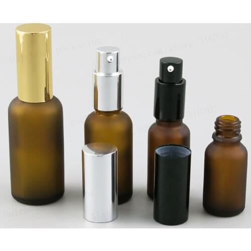 100ml 50ml 30ml 20ml 15ml 10ml 5ml Frost Amber Glass Essential oil Bottle With Pump 1oz Amber Lotion pump Cream Bottle 12pcs