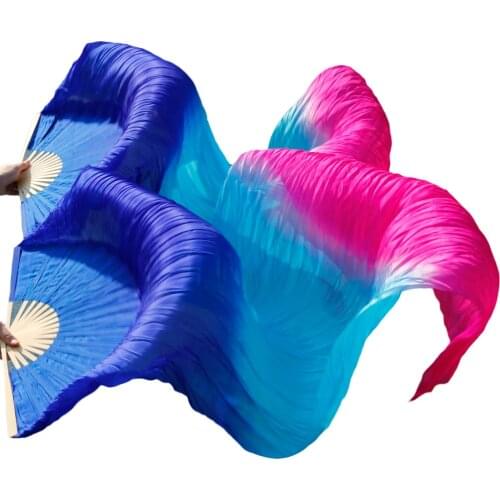 2018 Newest Handmade natural silk belly dance fans 1 Pc Left hand+1 Pc Right Hand Royal blue + Turquoise + Rose Colors