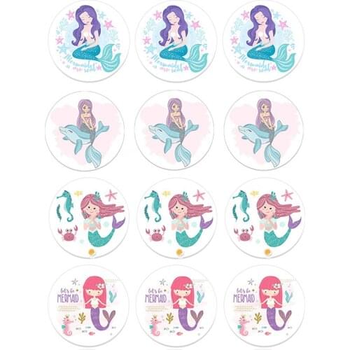 24/48pcs Cartoon Mermaid Princess Stickers Lovely Birthday Stickers with Candy Bag Album Stickers Label for Diary Hand Account