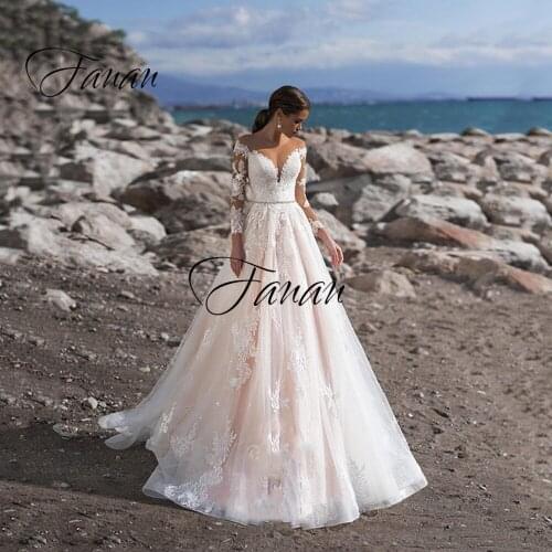 Glittery Scoop Neck Sequined Wedding Dresses Lace Appliques A-Line Boho Long Sleeve Bridal Gown vestidos de novia robe de mariée