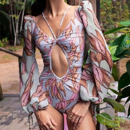 MYTENG One Piece Swimsuit Women 2022 Long Sleeve Swimwear Sexy Hollow Out Bathing Suit Vintage Flower Print Plus Up Monokini