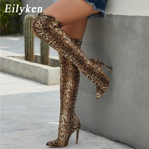 Eilyken Winter Fashion Snake grain Pu Leather Boots Women Knee High Boot Female Sexy High Heels Ladies Pointed Toe Party Shoes