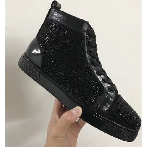 European station big brand mens shoes high top Diamond Mens shoes black water diamond suede red soled shoes lovers trend