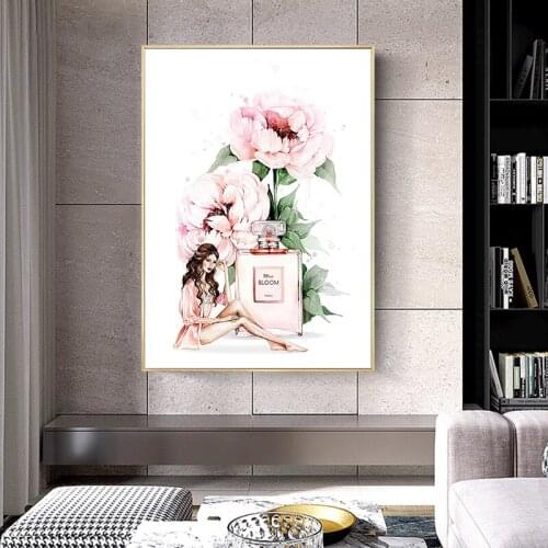 Pink Flowers Perfume Bottle Fashion Girl Abstract Art Poster Modern Simple Canvas Prints Cartoon Wall Pictures Living Room Decor