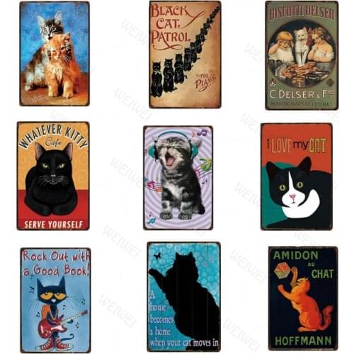 Cute Cat Metal Sign Plaque Cartoon Pets Tin Sign Plate Wall Decor For Cafe Club Living Room Kids Room Decoration Metal Poster