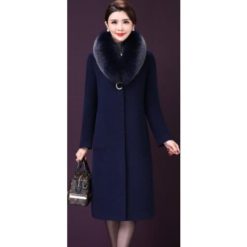2021 Overcoat Womens Woman Autumn Winter New Warm Long Wool Coat Real Fox Fur Collar OL Oversize Outerwear Mother Wears 7XL