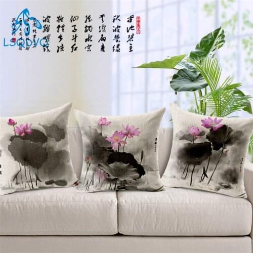 Chinese Retro Style Ink Painting Lotus Cushion Cover Polyester Throw Pillow Sofa Home Decorative Pillowcase