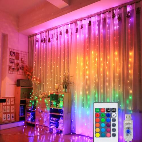 Christmas Bedroom Decor New RGB 16 Color-changing Curtain Fairy Light Remote Control Holiday Decoration for Home Garland Navidad