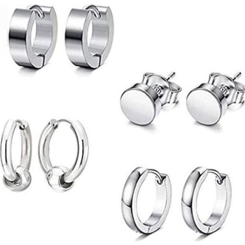 Fashion Round Shaped Stainless Steel Earring Sets For Women Girls Classic Punk Circle Shaped Stud Ear Jewelry 4 pairs